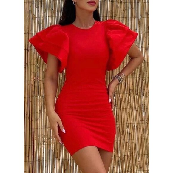 Zara Red Ruffle Sleeve Bodycon Mini Dress Size S - Picture 3 of 13